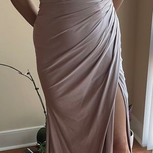 Off the shoulder MAUVE fitted gown with leg slit and ruching